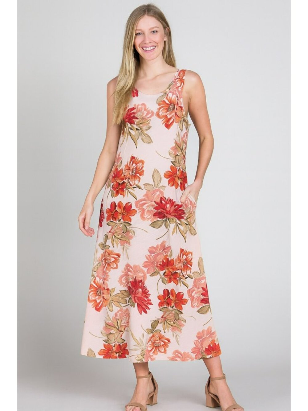 Floral Sleeveless Maxi Dress By Paper Heart Pink/Red Blooms Lightweight Rayon &
